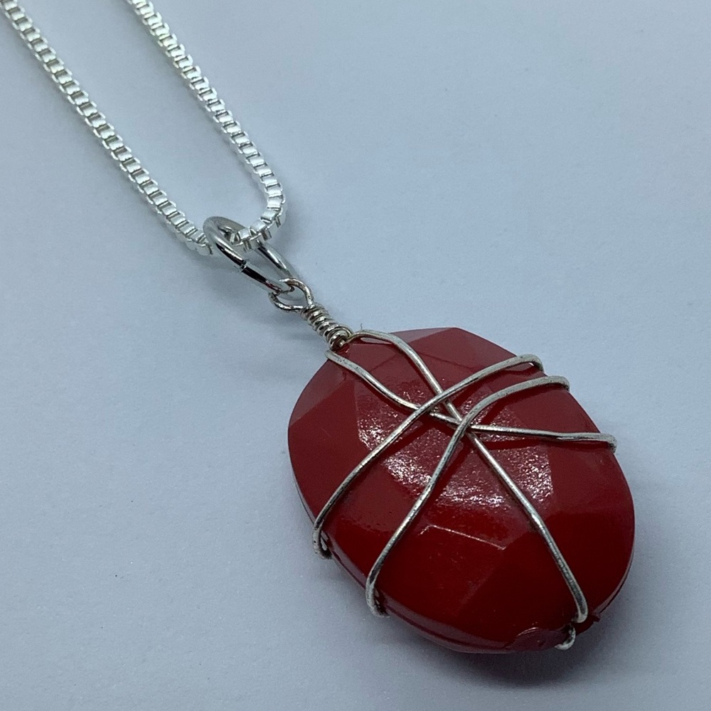 Red Stone Pendant & Sterling Silver Chain